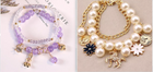 Bracelet duo: lavender crystal beaded bracelet with charm dangles, and pearl gold-tone horse bracelet