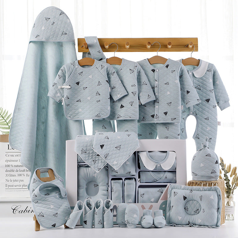 Blue newborn cotton clothing gift set with hooded robe, bibs, pants, socks, and blanket