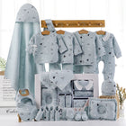 Blue newborn cotton clothing gift set with hooded robe, bibs, pants, socks, and blanket