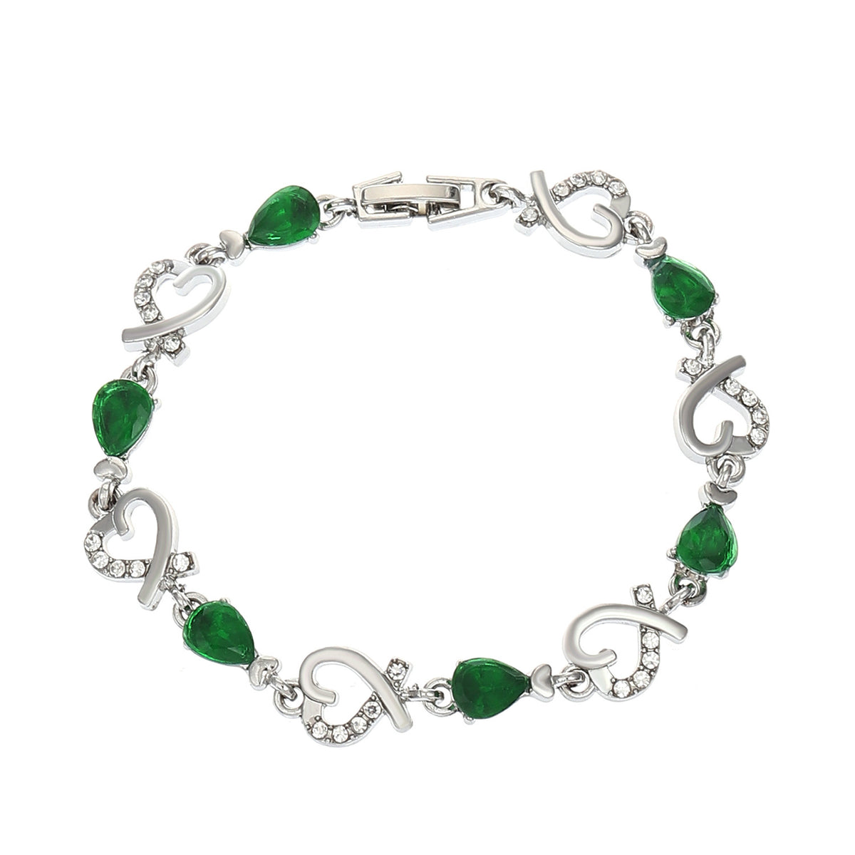 Silver-tone charm bracelet with green heart rhinestone links and toggle clasp