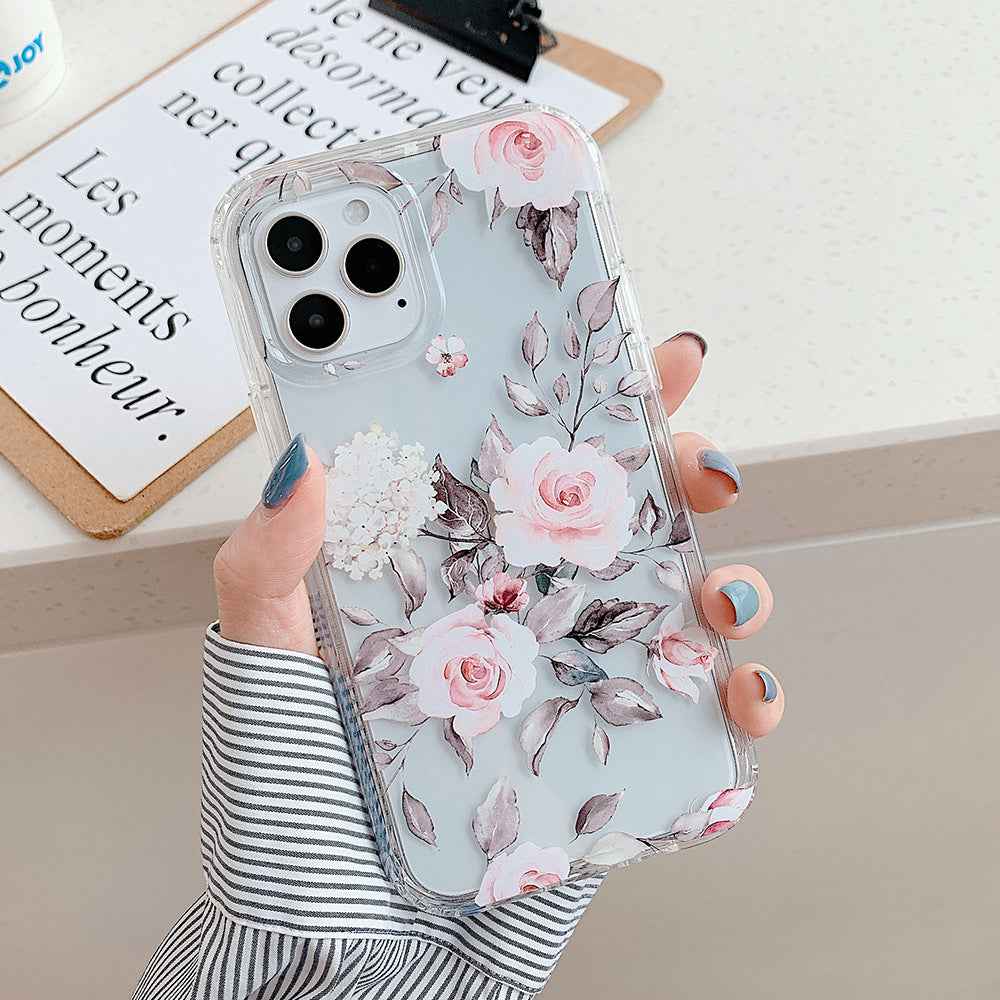 Floral iPhone phone case with pink roses, gray-green leaves, and clear shockproof corners