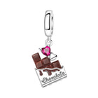 Chocolate bar dessert charm bead with pink heart, silver tone ring and dangle.