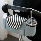 Grey stroller nappy organizer with striped pouch and clear cup holder pocket