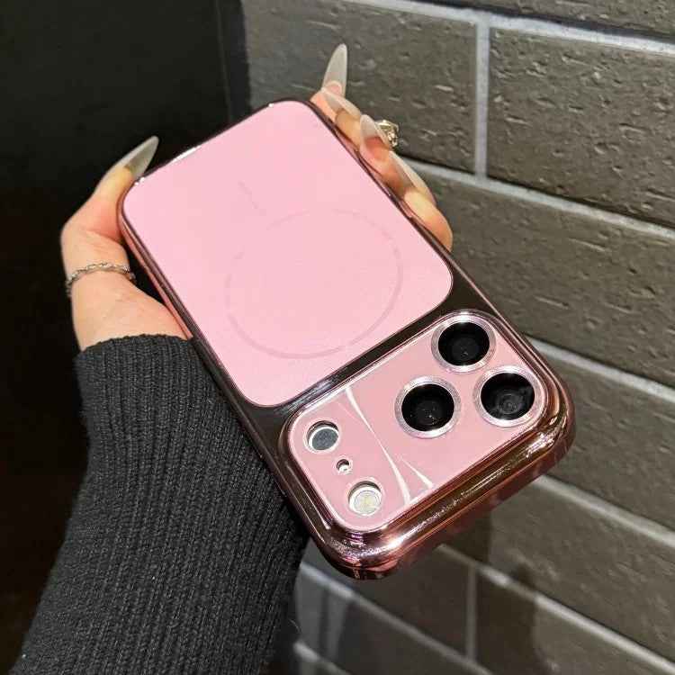 Pink phone case with raised camera lens guard and three camera cutouts