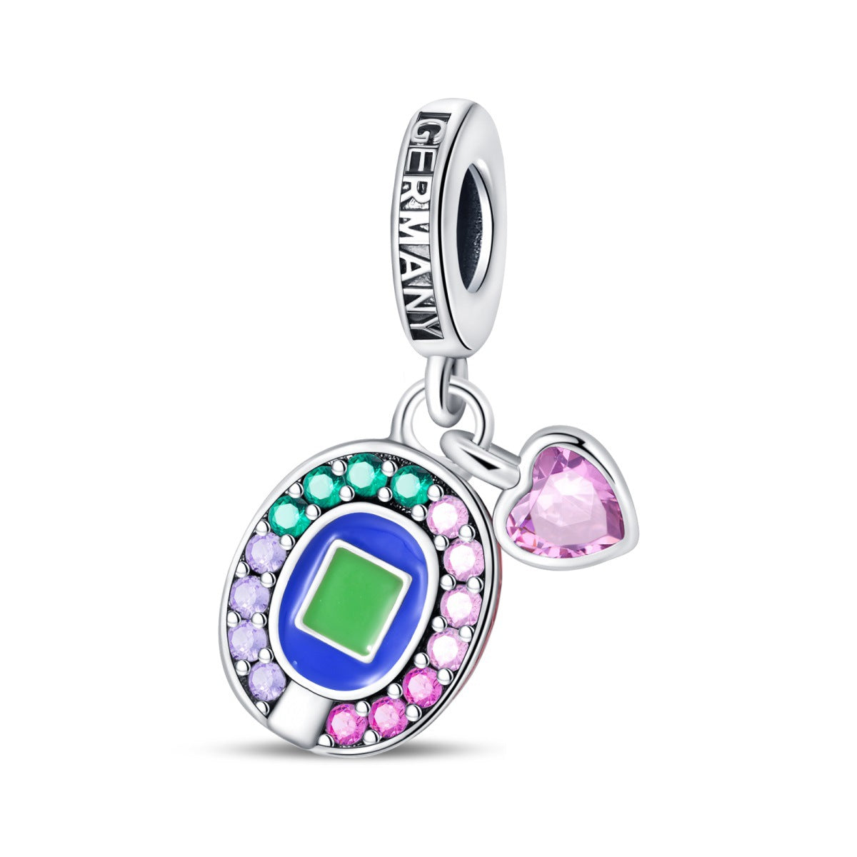Crystal-studded oval charm with pink heart pendant and multicolor gems, silver-tone