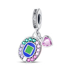 Crystal-studded oval charm with pink heart pendant and multicolor gems, silver-tone