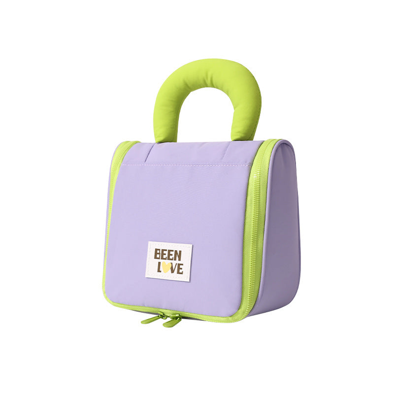 Lavender hanging makeup bag with lime handle and zip side panel