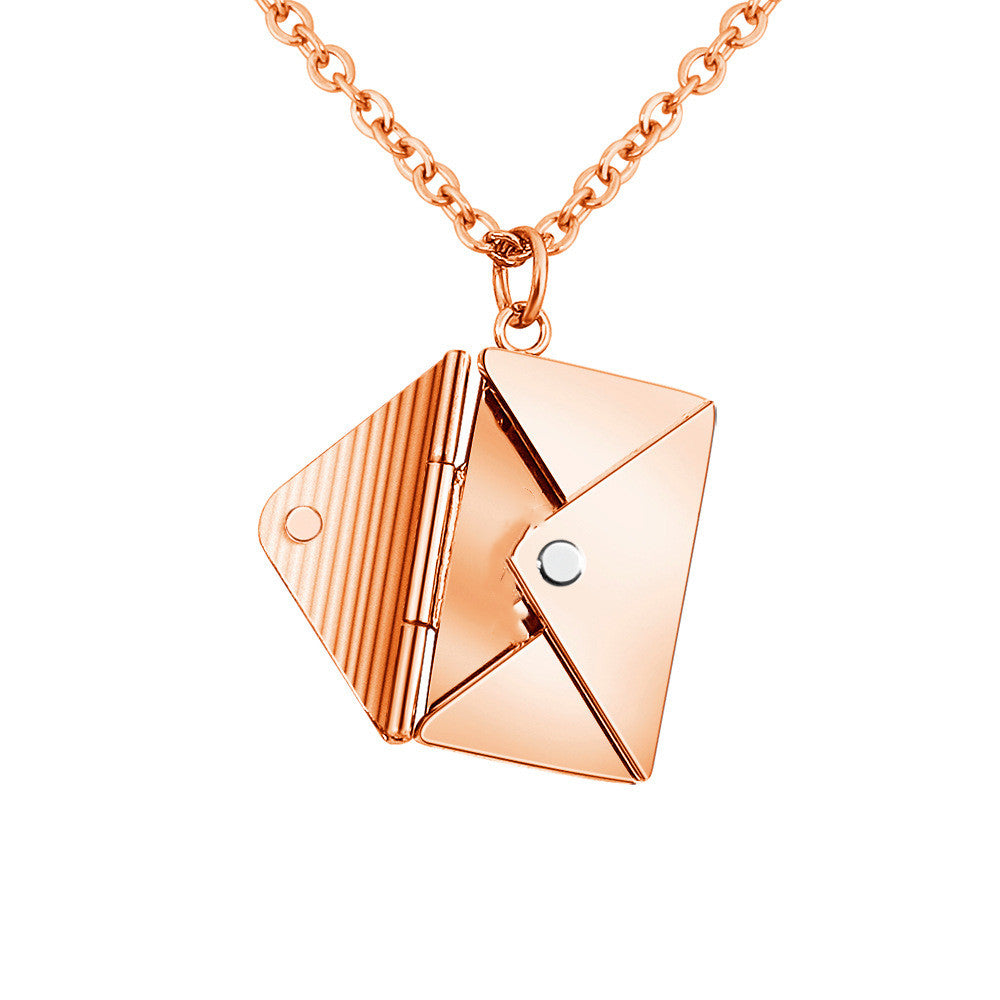Rose gold envelope letter pendant necklace with hinged open design