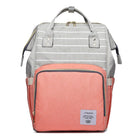 Gray maternity diaper bag with striped front and coral insulated pocket, top handle and straps