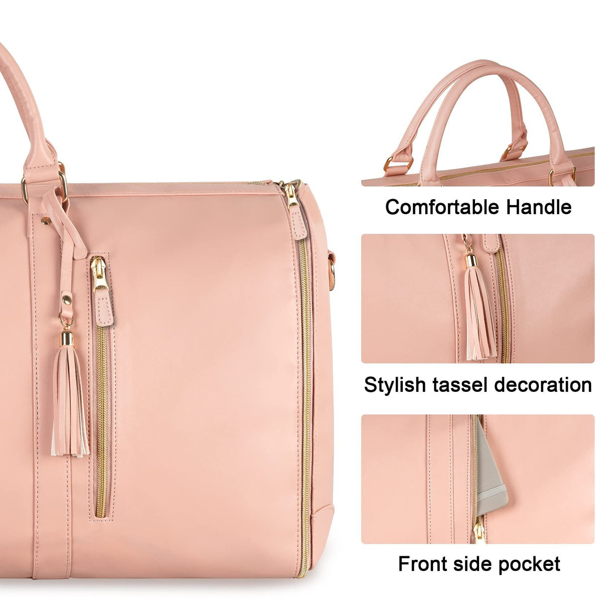 Foldable pink duffle bag close-up: comfortable handle, tassel decoration, and front pocket