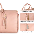 Foldable pink duffle bag close-up: comfortable handle, tassel decoration, and front pocket