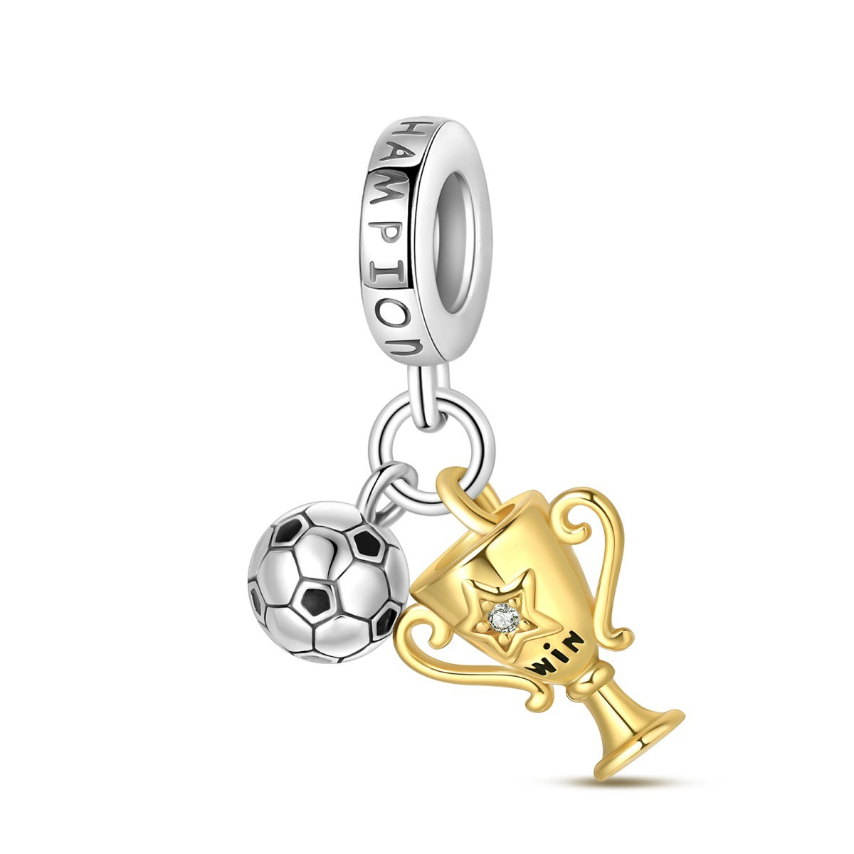 Silver-tone charm bead with soccer ball and gold trophy, linked pendant