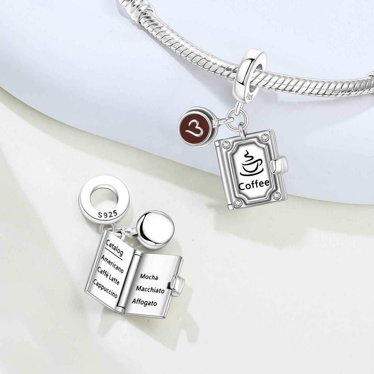 Coffee-themed square charm pendant with brown heart bead and engraved coffee cup icon