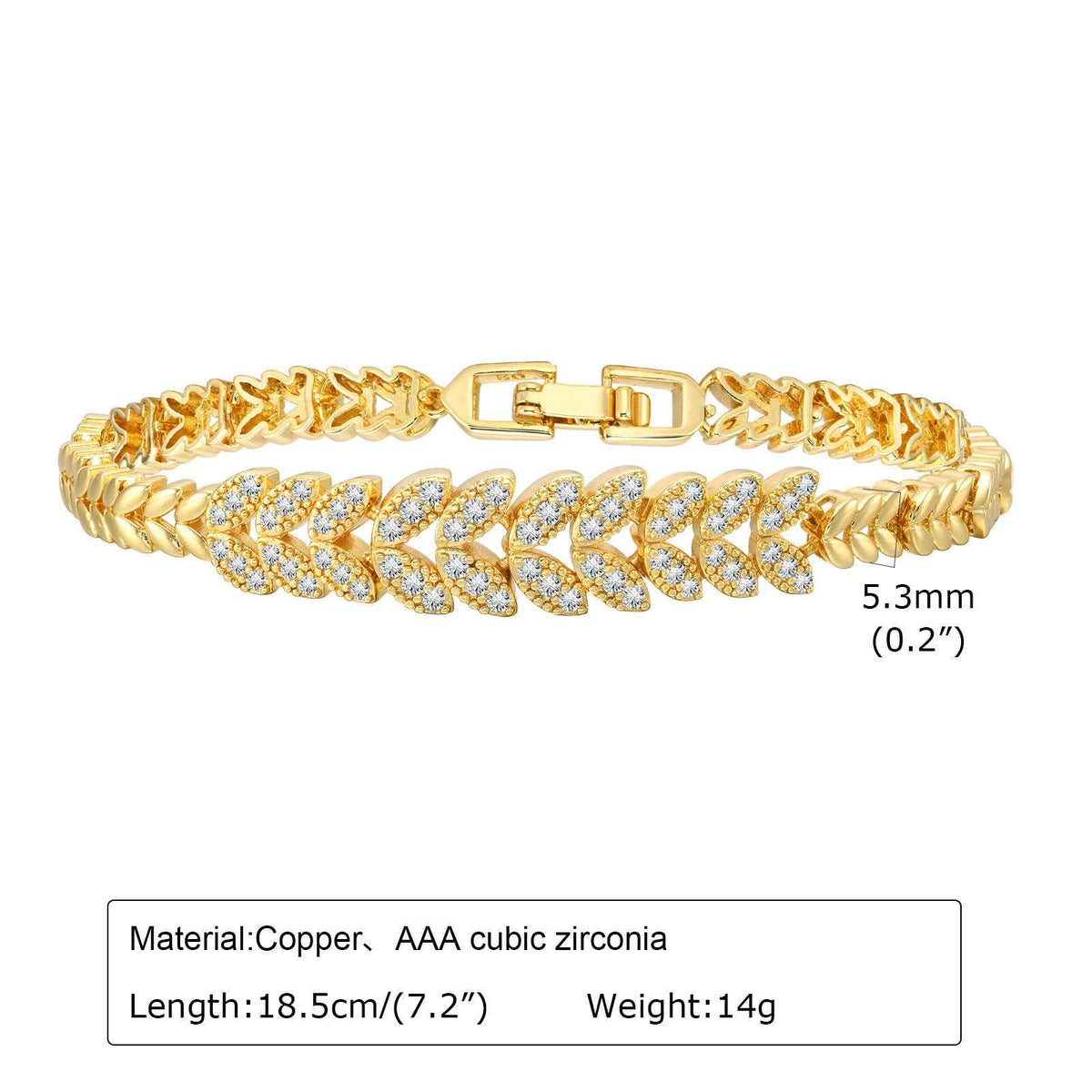Gold-tone zircon chain bracelet with leaf motif and box clasp