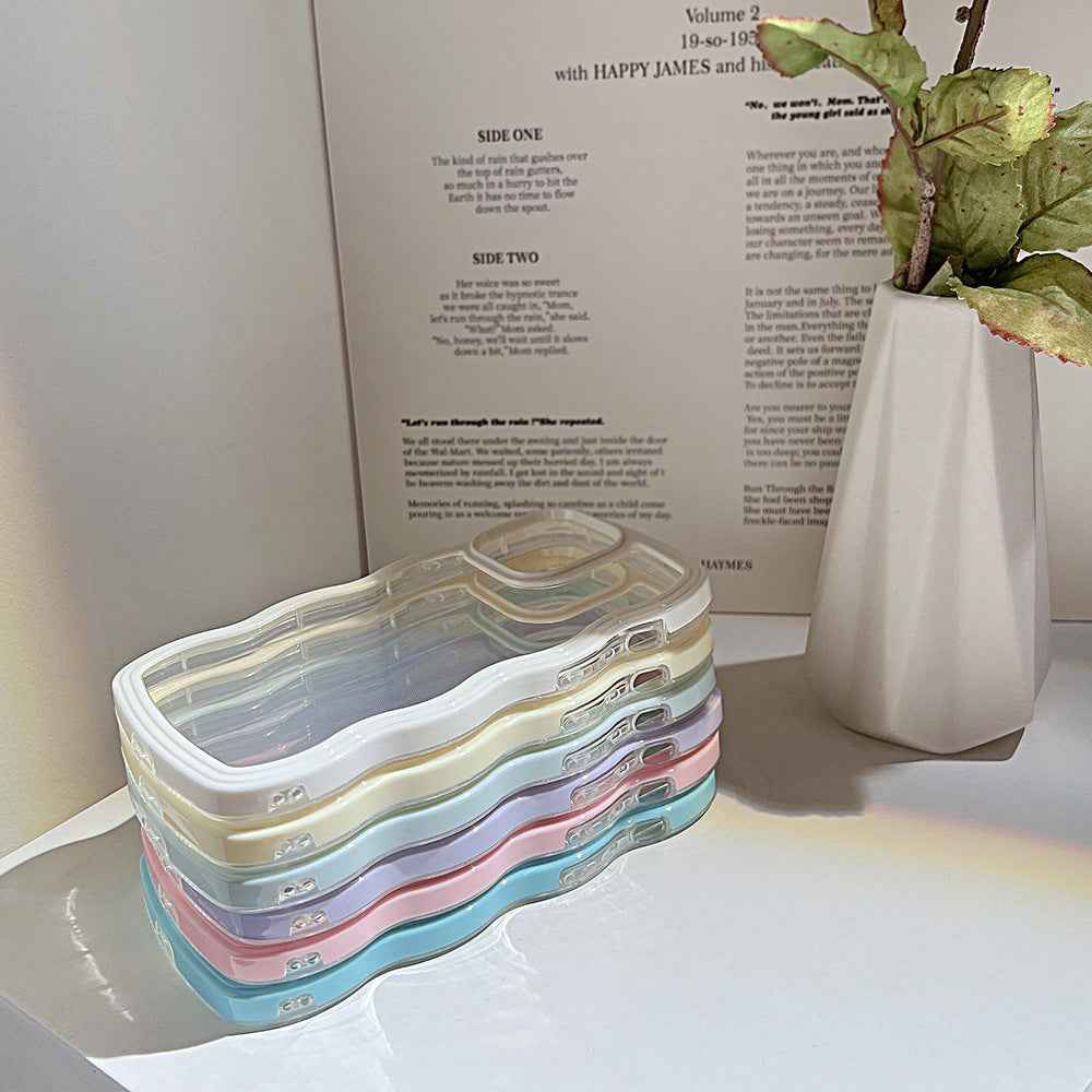 Transparent silicone iPhone case with multicolor pastel wavy border trim and camera cutouts