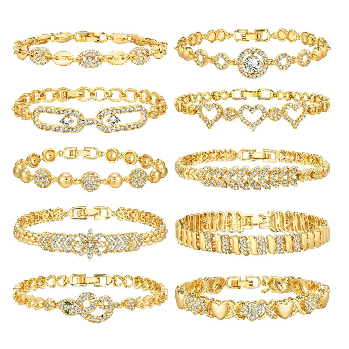 Set of gold-tone crystal bracelets with heart, flower, and geometric charms