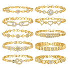 Set of gold-tone crystal bracelets with heart, flower, and geometric charms
