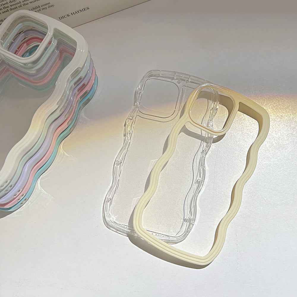 Transparent silicone iPhone case with pastel wavy border trim and camera cutouts