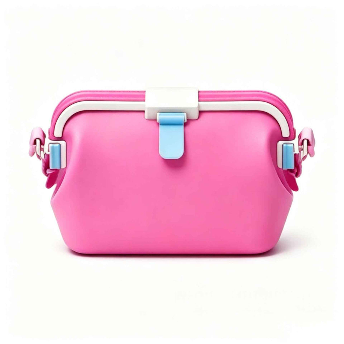 Waterproof silicone pouch in pink with flip-top clasp and side buckle straps