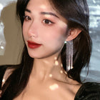 Long rhinestone tassel earrings with silver fringe and small sparkle stud tops