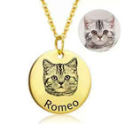 Gold photo necklace with round cat pendant, engraved name Romeo.