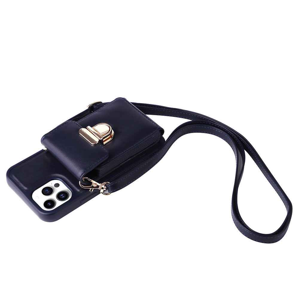 Navy phone case with wrist strap and front buckle, flip cover with camera openings