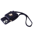 Navy phone case with wrist strap and front buckle, flip cover with camera openings