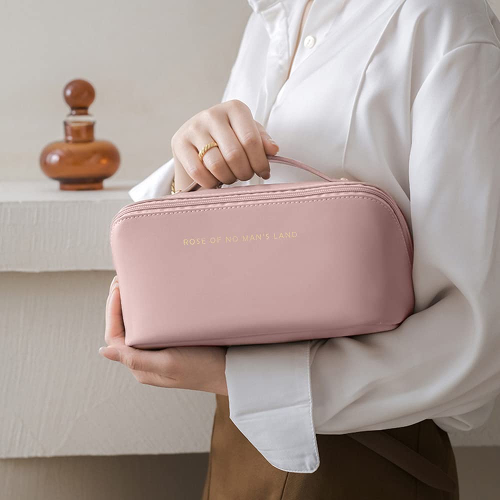 Rose pink travel cosmetic bag with zip closure, small rectangular shape