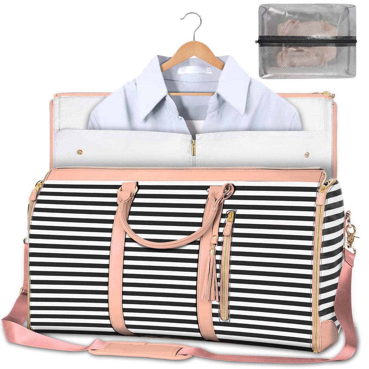 Foldable black-and-white striped duffle bag with pink trim, zip opening, and tassel details