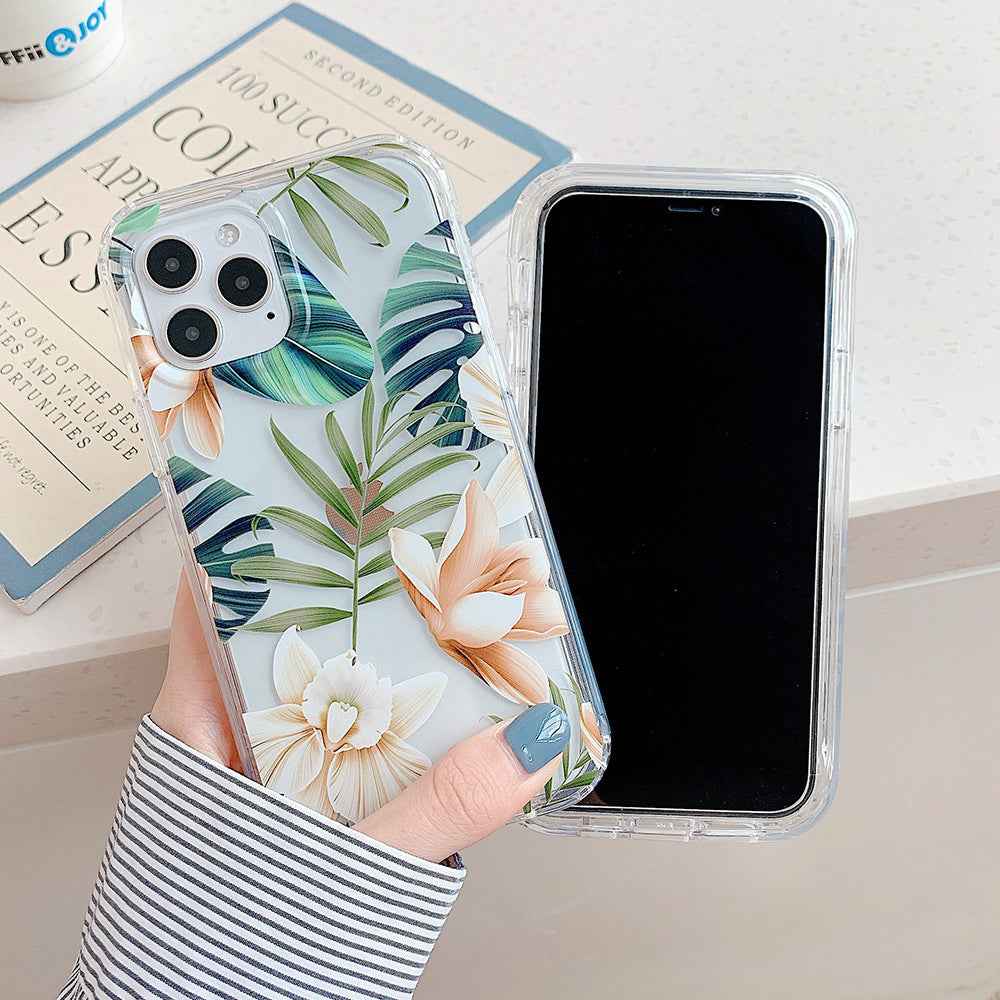 Tropical leaf iPhone case with green leaves and orange flowers, front shows blank screen
