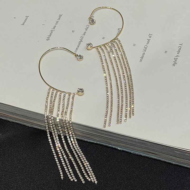 Silver hoop drop earrings with long rhinestone chain tassels