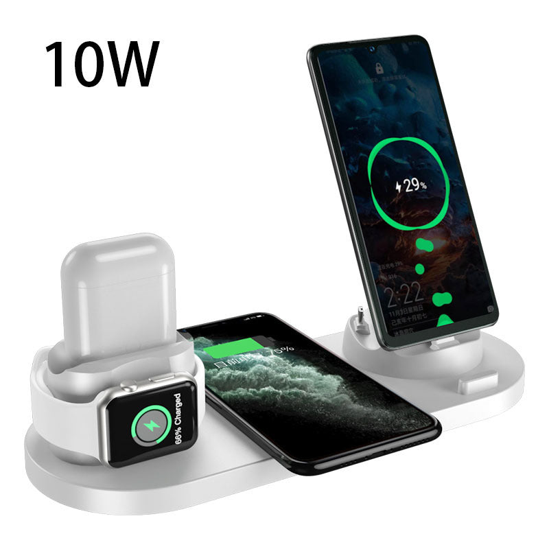 6-in-1 wireless charging station, white stand with phone, watch, and earbuds docks