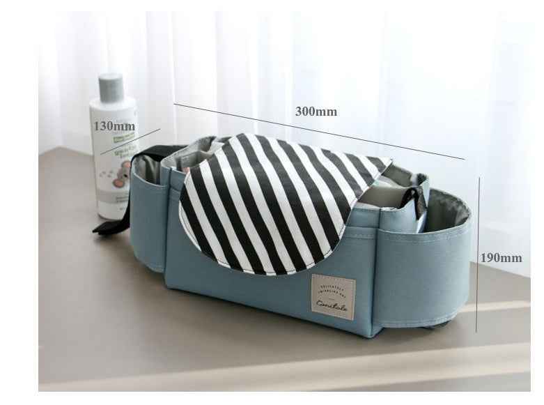 Light-blue stroller nappy organizer with black-and-white striped top pocket