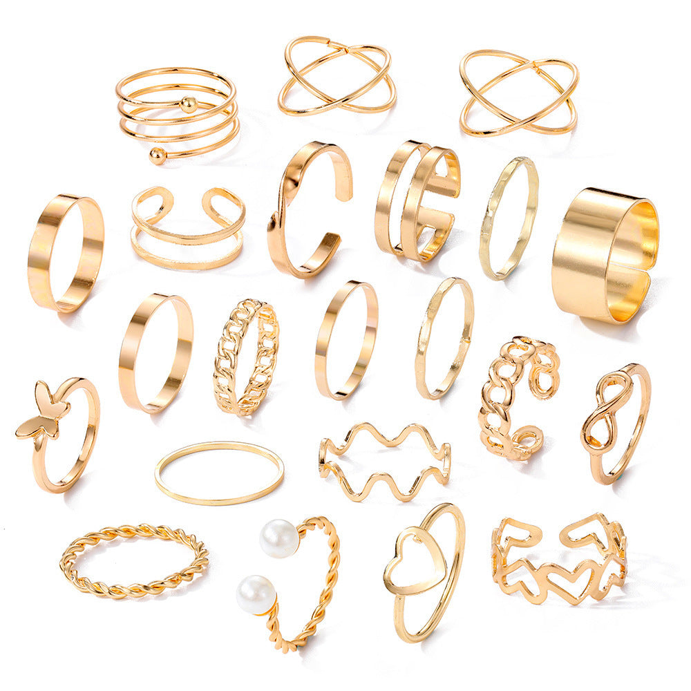 Gold heart ring set, 22-piece assortment of stackable bands and charm rings