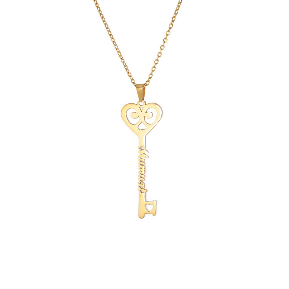 Gold key pendant necklace with heart-shaped key charm and engraved name