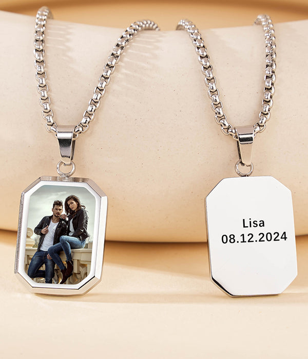 Silver-tone mood necklace with photo octagon and white nameplate reading Lisa 08.12.2024