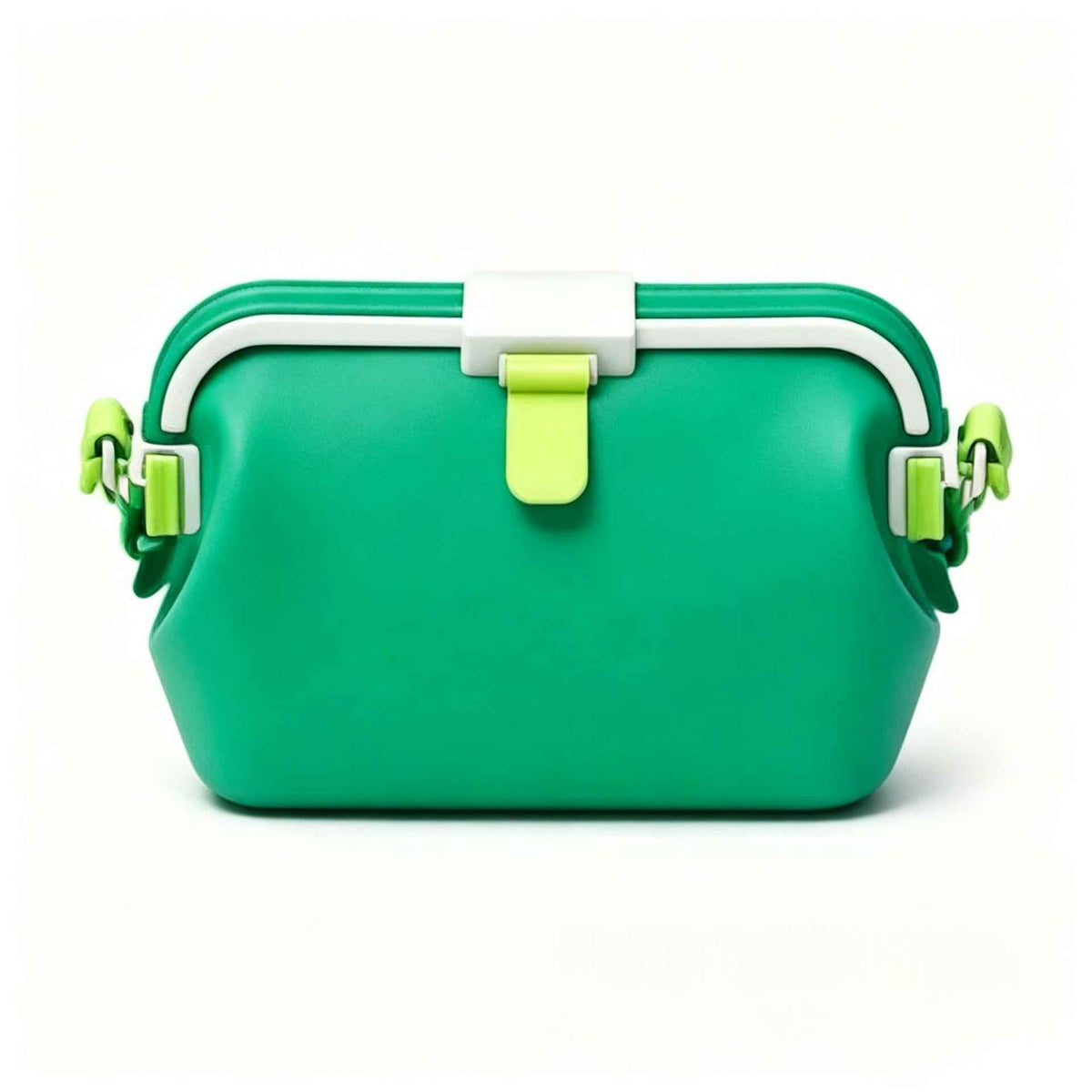Waterproof silicone pouch in green with flip-top clasp, side straps, and short handles