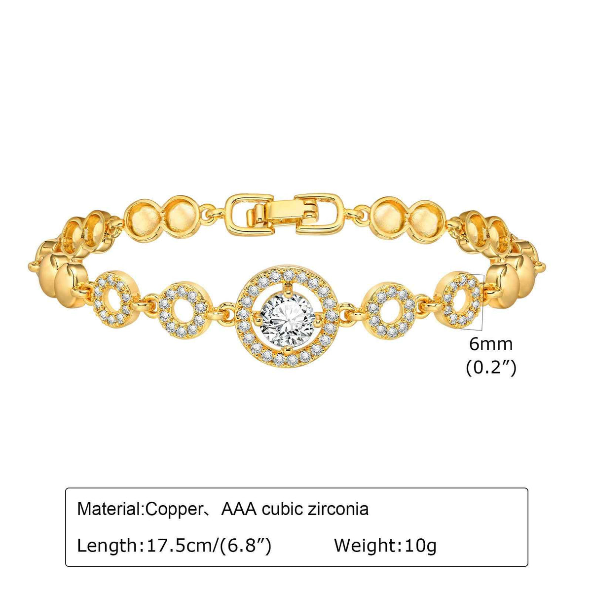 Gold-tone bracelet with round halo crystal centerpiece and link chain, clasp
