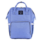 Blue maternity diaper bag with front zip pocket and two side handles, fabric exterior