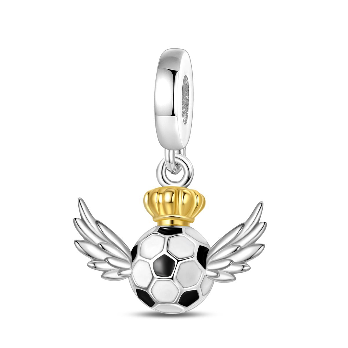 Winged soccer ball charm with gold trophy topper, silver-tone bead