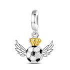 Winged soccer ball charm with gold trophy topper, silver-tone bead