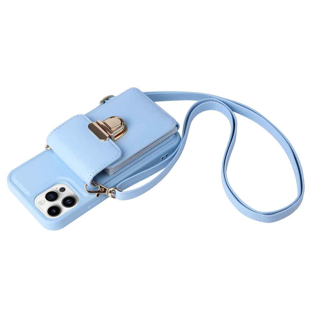 Light blue phone case with wrist strap and front buckle, flip flap cover with camera openings