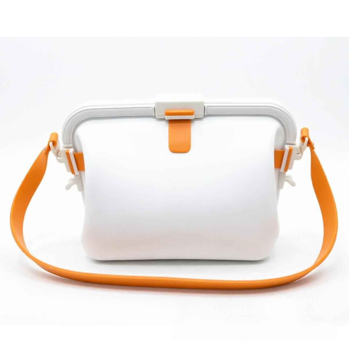 Waterproof silicone pouch in white with orange flip-top clasp and orange shoulder strap