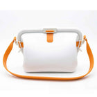 Waterproof silicone pouch in white with orange flip-top clasp and orange shoulder strap