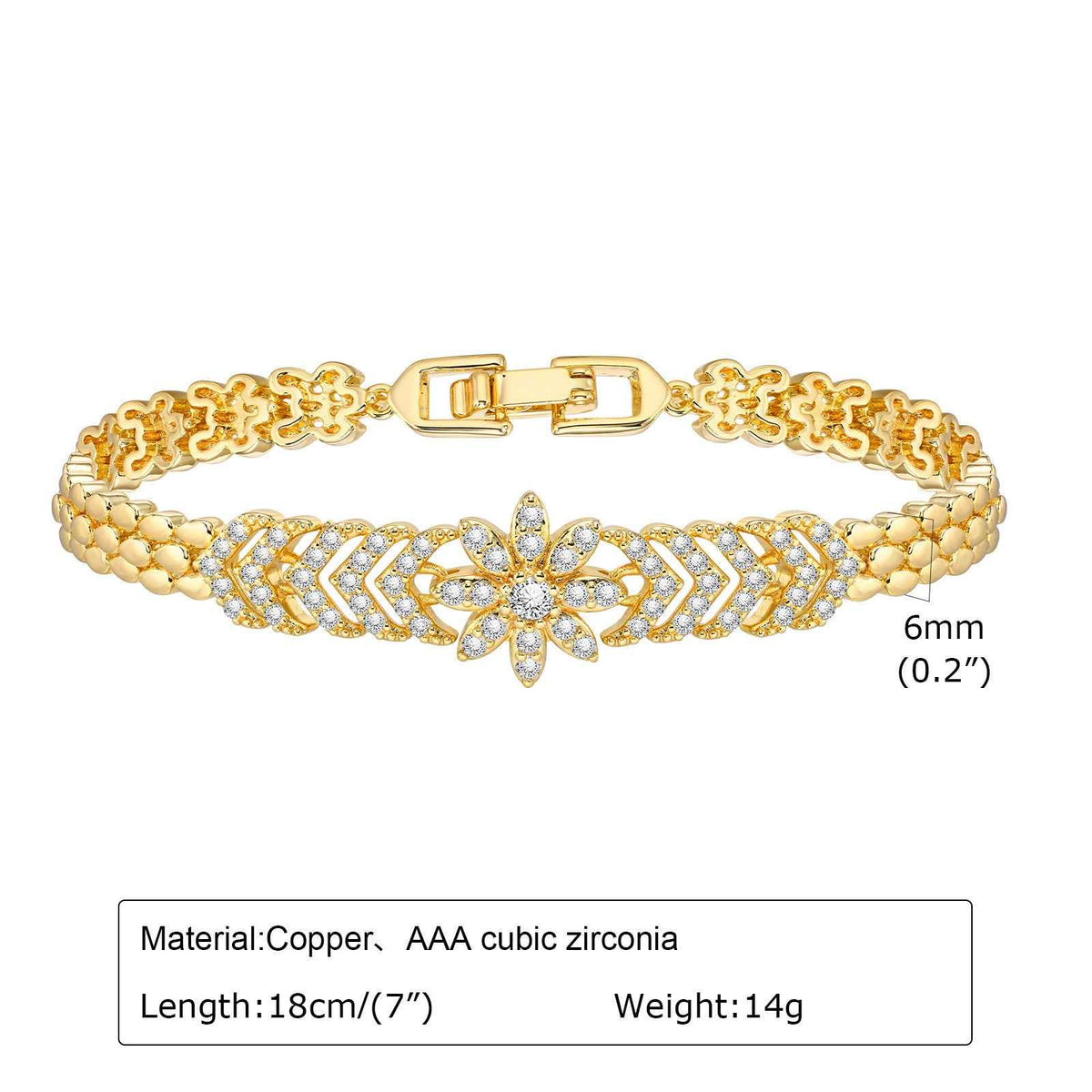Gold-tone flower crystal link bracelet with pave accents and hinged clasp