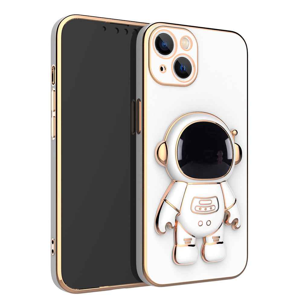 White phone case with 3D astronaut charm, ring grip, and dual camera cutouts