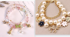 Bracelet duo: pink crystal beaded bracelet with charm dangles, and pearl gold-tone horse and flower bracelet