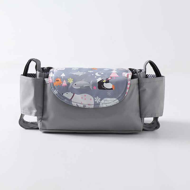 Grey animal-print stroller organizer with three compartments and handle straps