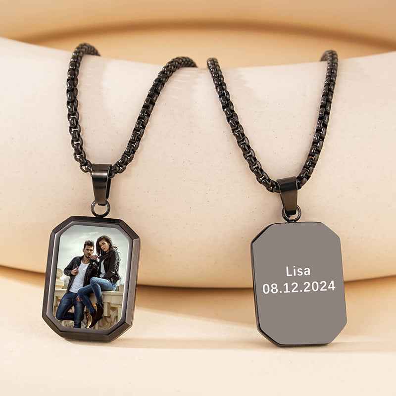 Black chain mood necklace with photo octagon pendant and dark nameplate: Lisa 08.12.2024