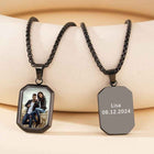 Black chain mood necklace with photo octagon pendant and dark nameplate: Lisa 08.12.2024